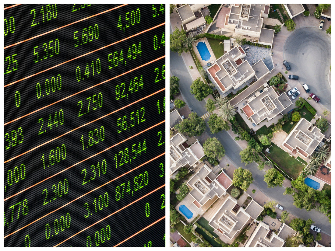 Illustration of a scale balancing stocks and real estate, representing the choice between two investment options.